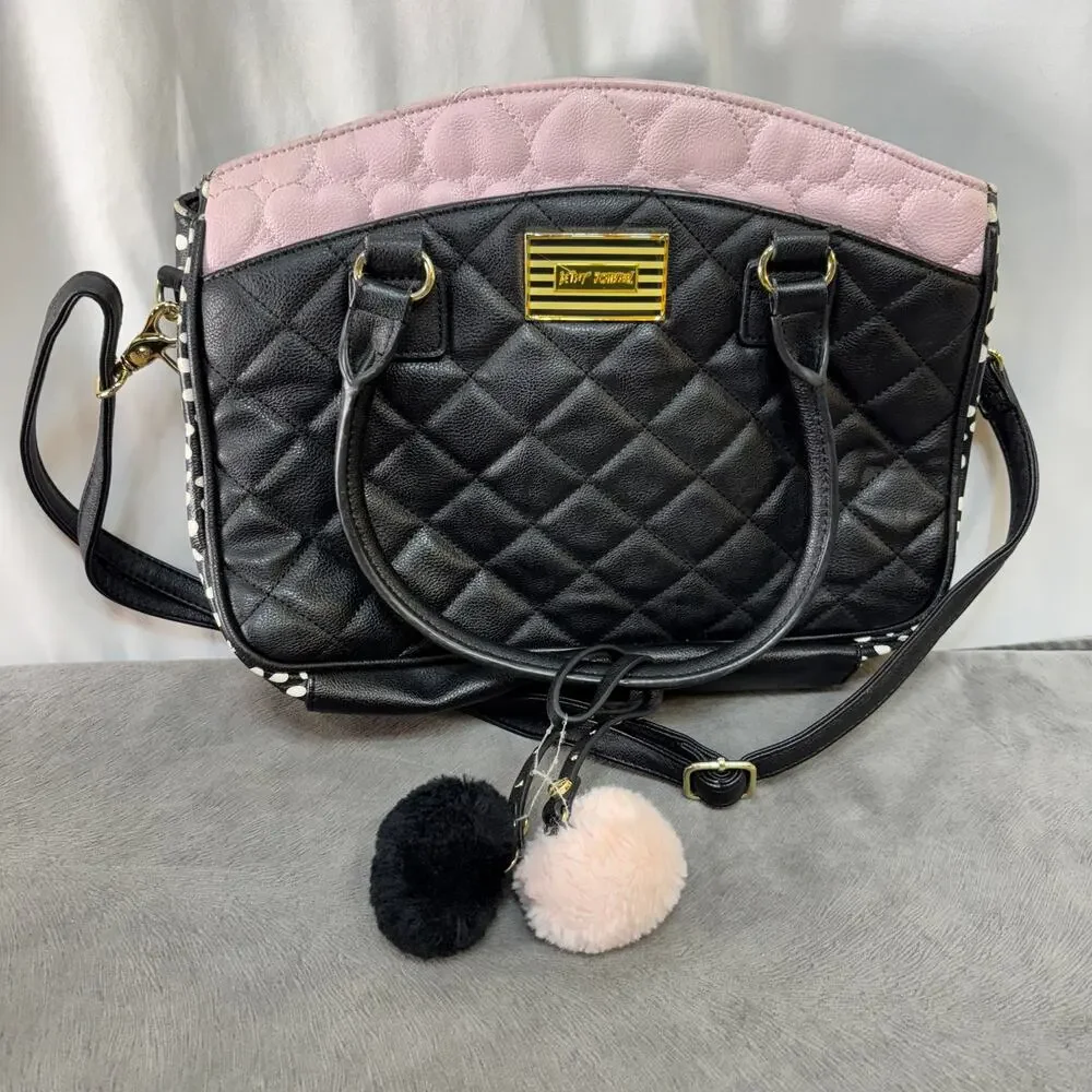 Betsey Johnson Black & Pink Quilted Satchel Gold Tone Accents Pom Pom Bag Charm